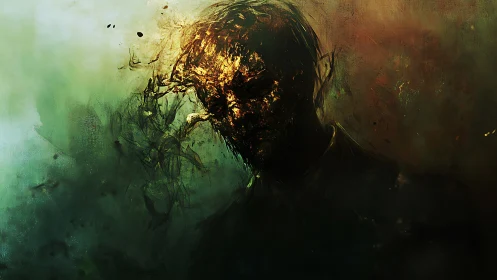 Disintegrating male silhouette in molten golden abstract haze