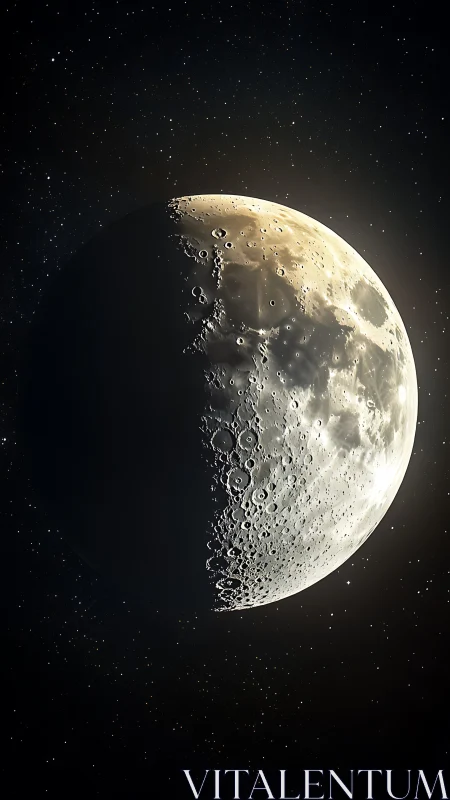 Half-illuminated lunar surface glowing in star-filled void.