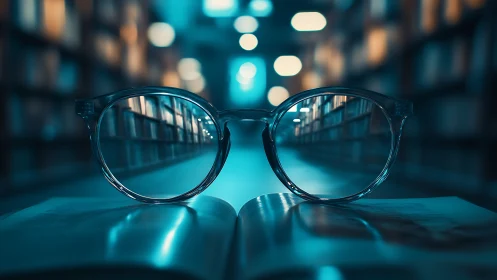Backlit eyeglasses on open book in shallow-focus library aisle