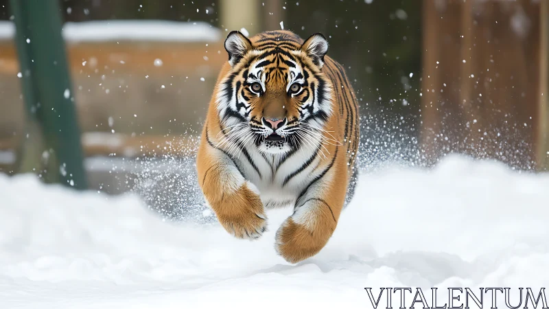 Tiger running through deep winter snow in mid stride.