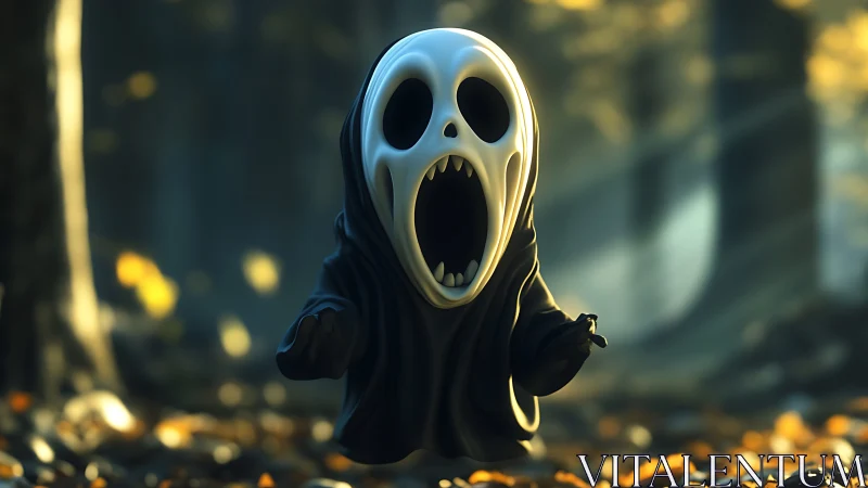 Tiny ghost figure screams within soft autumn forest glow.