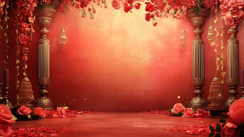 Opulent red floral stage with ornate gilded columns and lanterns.