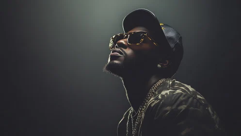 Moody portrait of stylish man in cap under dramatic light.