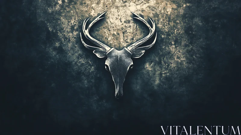 Metallic stag skull emblem on textured grunge stone wall.