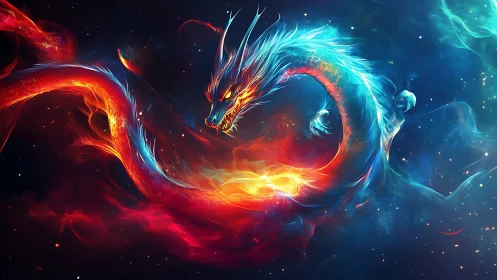 Digital painting of cosmic fire and ice dragon in nebular arc.