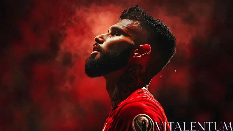 Side-lit footballer portrait in red atmospheric stadium haze