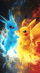 Two elemental cartoon creatures posed amid fire and ice