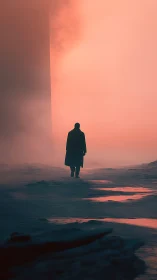 Solitary figure crossing neon dusk over frozen terrain.