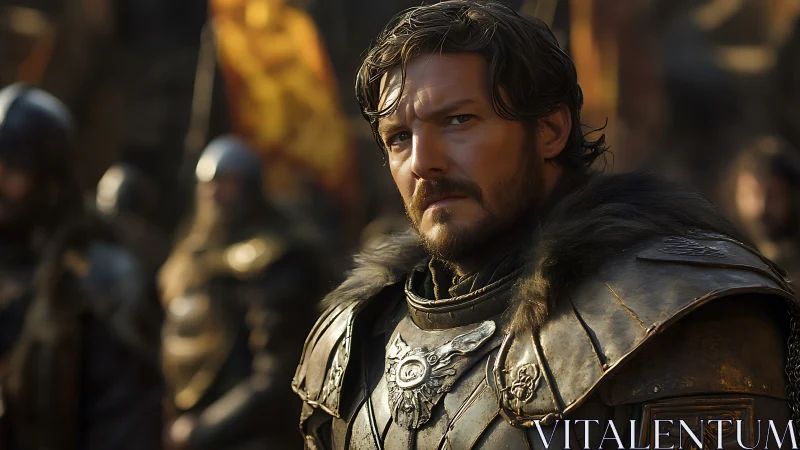 Brooding medieval knight stands armored amid tense battlefield