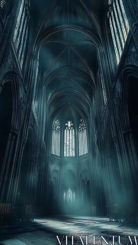Gothic cathedral interior with ethereal volumetric light.