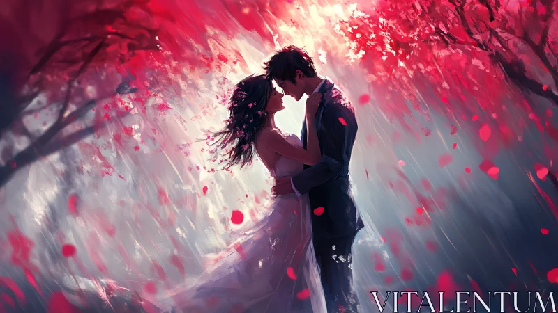 Romantic couple embracing under falling rose petals.