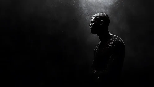 High-contrast lateral portrait under controlled rim illumination.