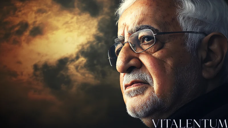 Photorealistic elder portrait against dramatic storm sky.