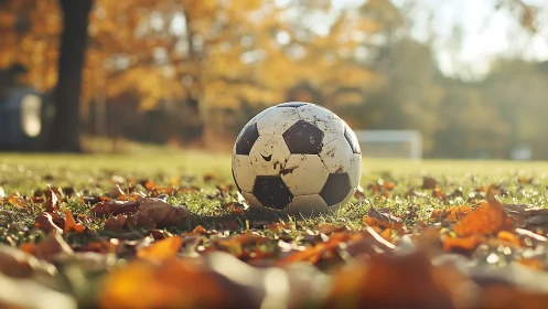 Weathered soccer ball on grass field in autumn sunlight.