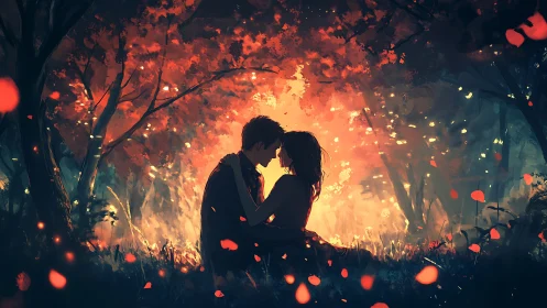 Couple Embracing in Fiery Forest with Glowing Particles