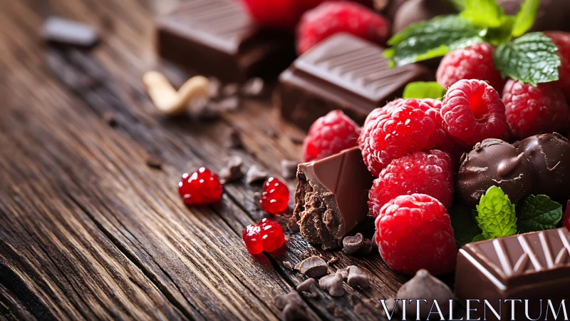 Dark chocolate pieces and raspberries rest on rustic wood