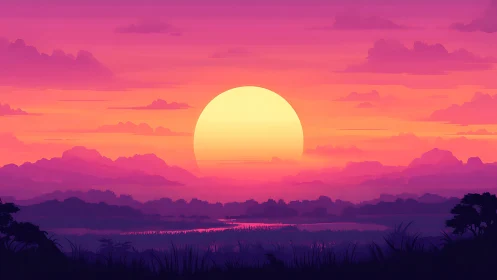 Spectral gradient sunset over layered wetlands and hills panorama.