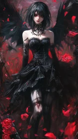 Nocturnal winged gothic maiden amid turbulent crimson petals.