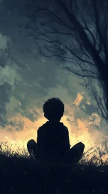 Solitary child watches a storm-softened sunset sky in silence