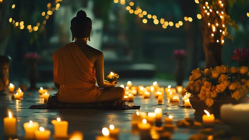 Candlelit monk in golden meditation amid night blossoms.