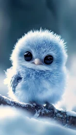 Fluffy blue songbird chick perched on snowy winter branch.