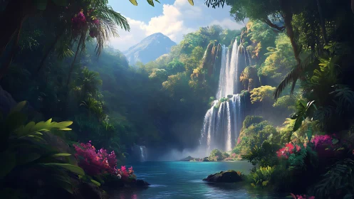 Lush tropical waterfall cascades into tranquil turquoise lagoon