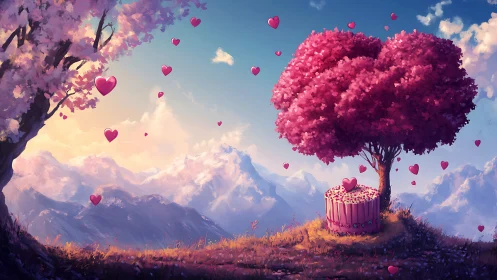 Heart-Shaped Tree in Surreal Mountain Landscape.