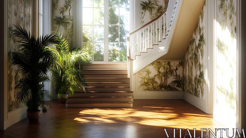 Sunlit staircase nook wrapped in greenery and gentle warmth.