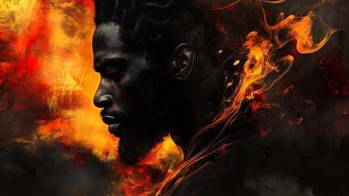 Profile portrait amid blazing abstract firestorm motion.