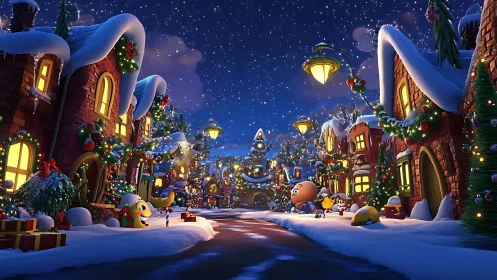 Snow-laden festive village street in stylized 3D illumination.