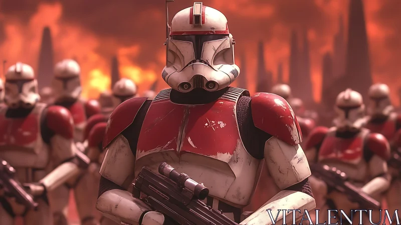 Armored clone troopers advance under burning red sky.