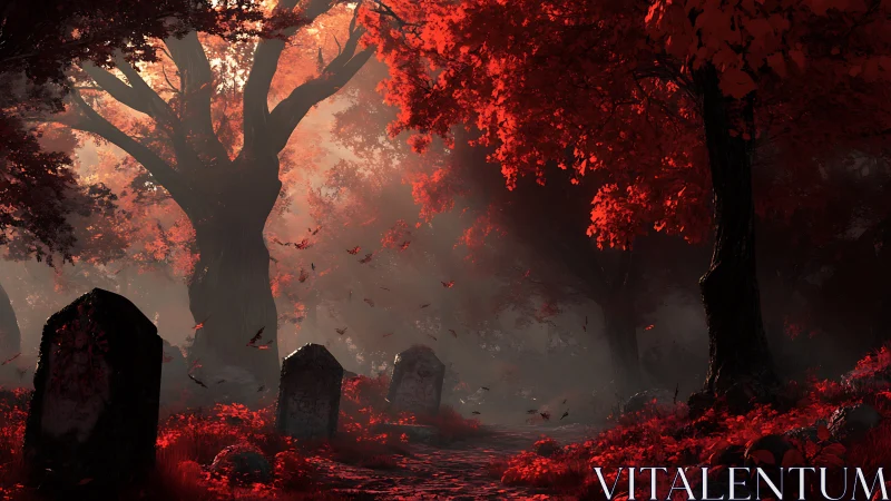 Cemetery path under scarlet canopy with volumetric autumn light