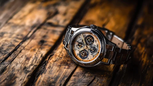 Skeleton chronograph luxury watch on rustic timber surface.