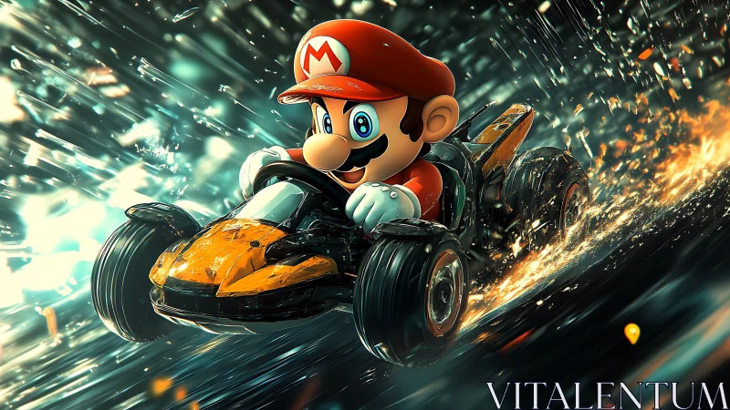 Cartoon racer drives blazing futuristic drift kart.