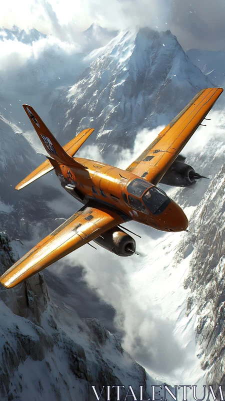 Orange rescue jet slices through stormy alpine peaks