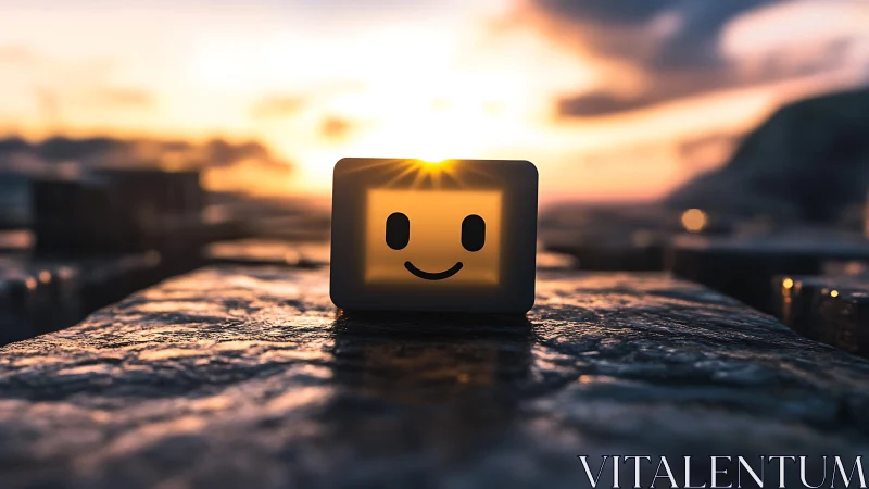 Smiling light box sits on wet stone surface at sunset