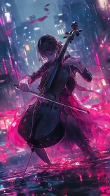 Cellist generates neon energy waves in reflective cyberpunk street