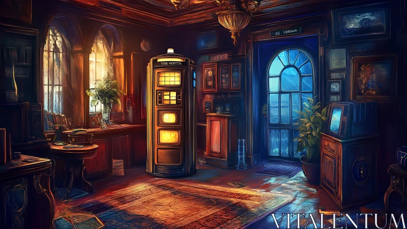 Retro time machine in warm steampunk study with blue portal
