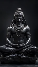 Black stone meditative deity statue centered against dark background