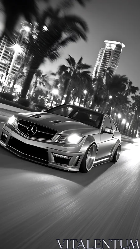 Monochrome performance coupe on dynamic urban boulevard.