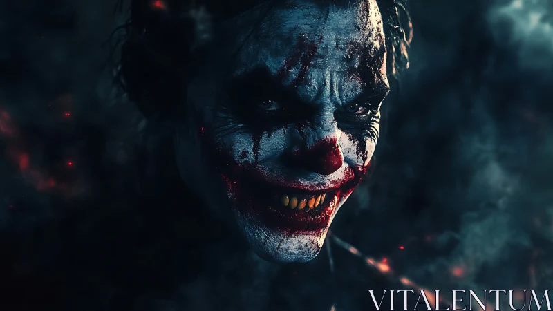 Cinematic low‑key portrait of blood‑smeared sinister clown.