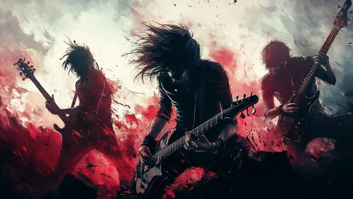 Kinetic rock trio in splattered chromatic turbulence onstage.