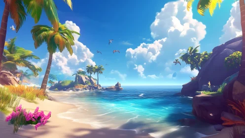 Tropical Cove with Island Vista and Vibrant Flora.
