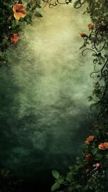 Textured emerald wall framed by ornamental floral foliage.