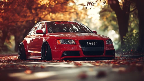 Red Audi sedan stands lowered amid glowing autumn foliage.