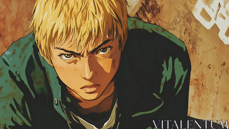 Blond rebel glares upward in a rust stained alleyway.