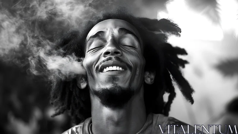 Black and white portrait of man with dreadlocks exhaling smoke.