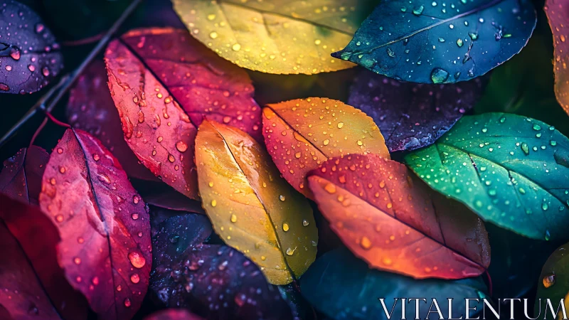 Wet multicolored leaves display strong surface detail and contrast