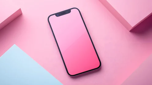 Modern smartphone on pink geometric background, minimal style.