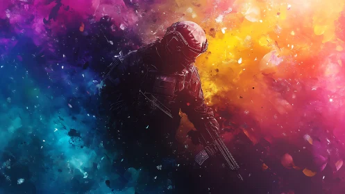 Lone space soldier strides through swirling cosmic color storm